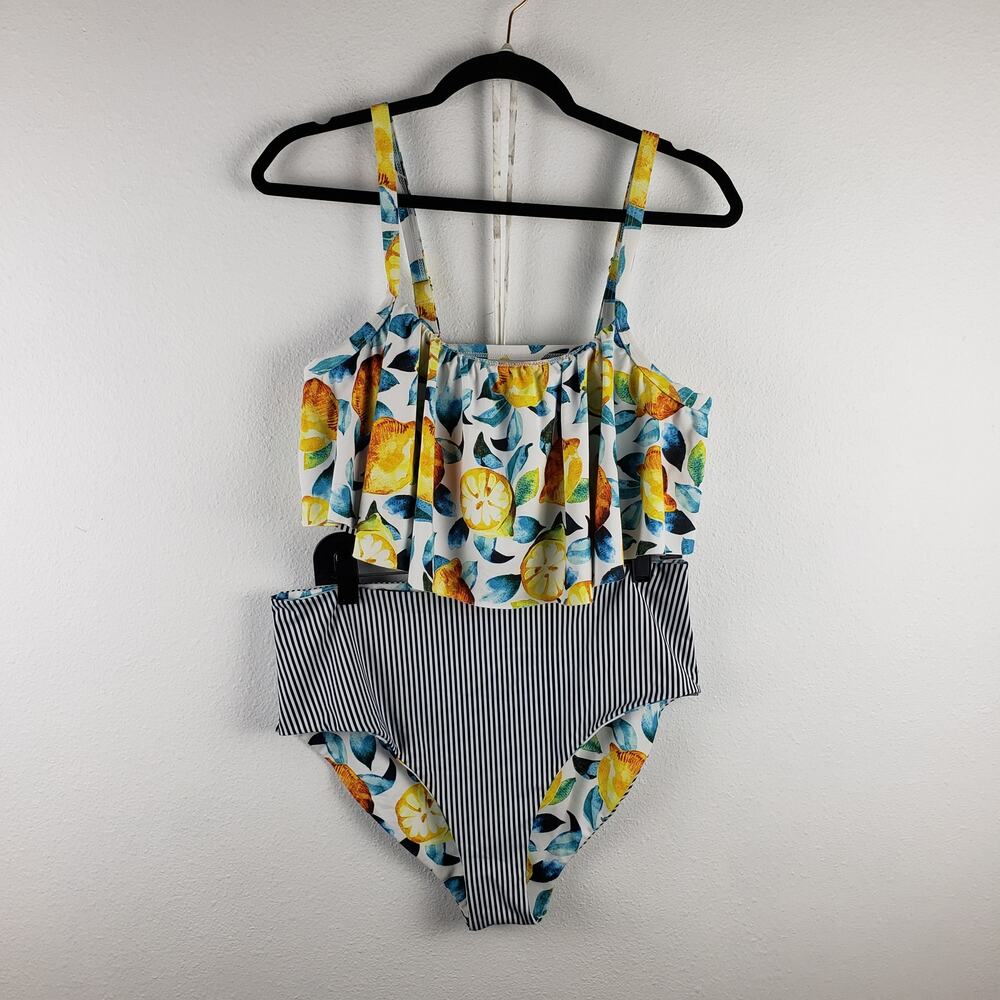 Shein Women's 16 Tankini Swimsuit Set Lemons And Stripes Tropical Modest